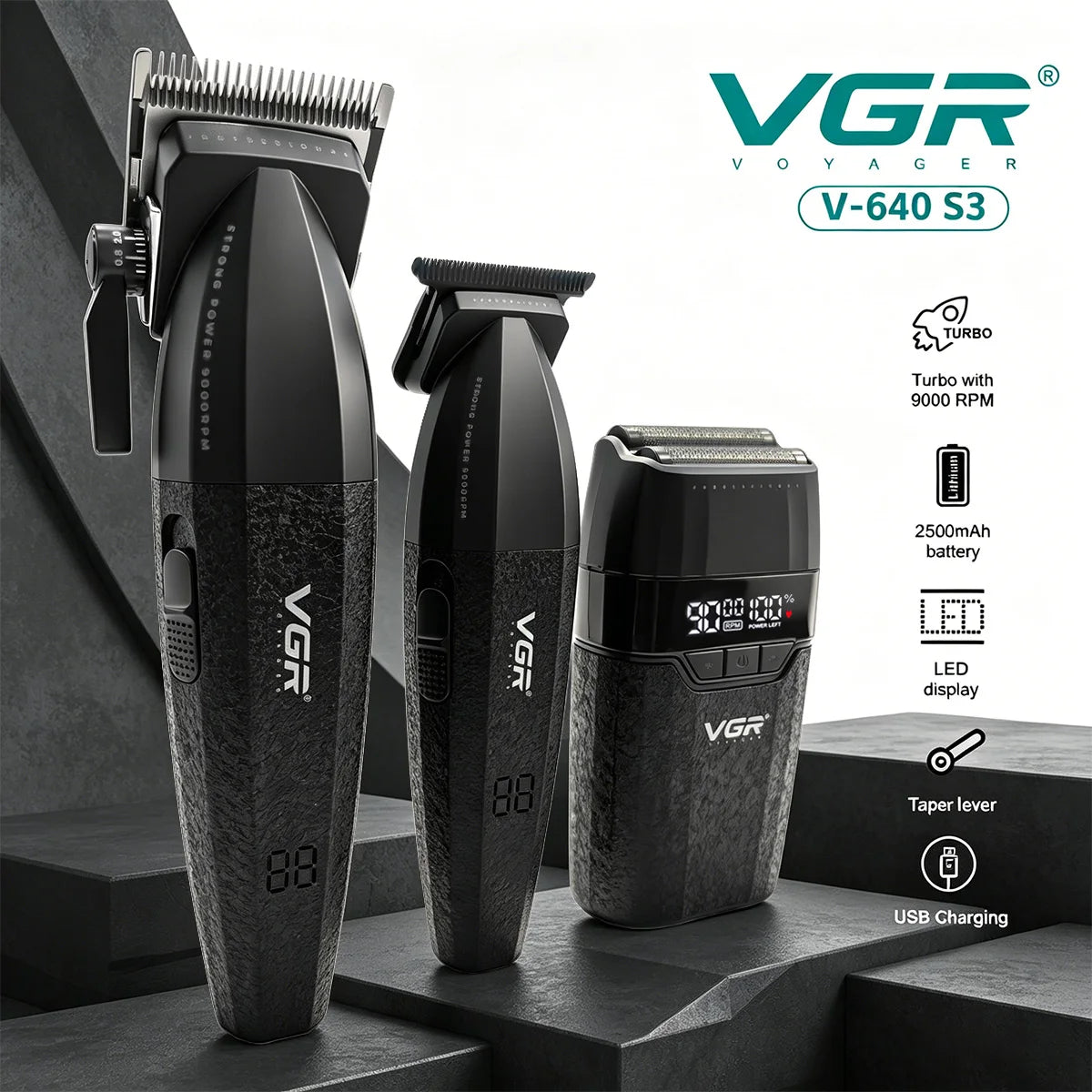 VGR Hair Trimmer Professional Hair Cutting Machine 9000 RPM Barber Shaver Cordless Hair Clipper LED Trimmer for Men V-640 S3