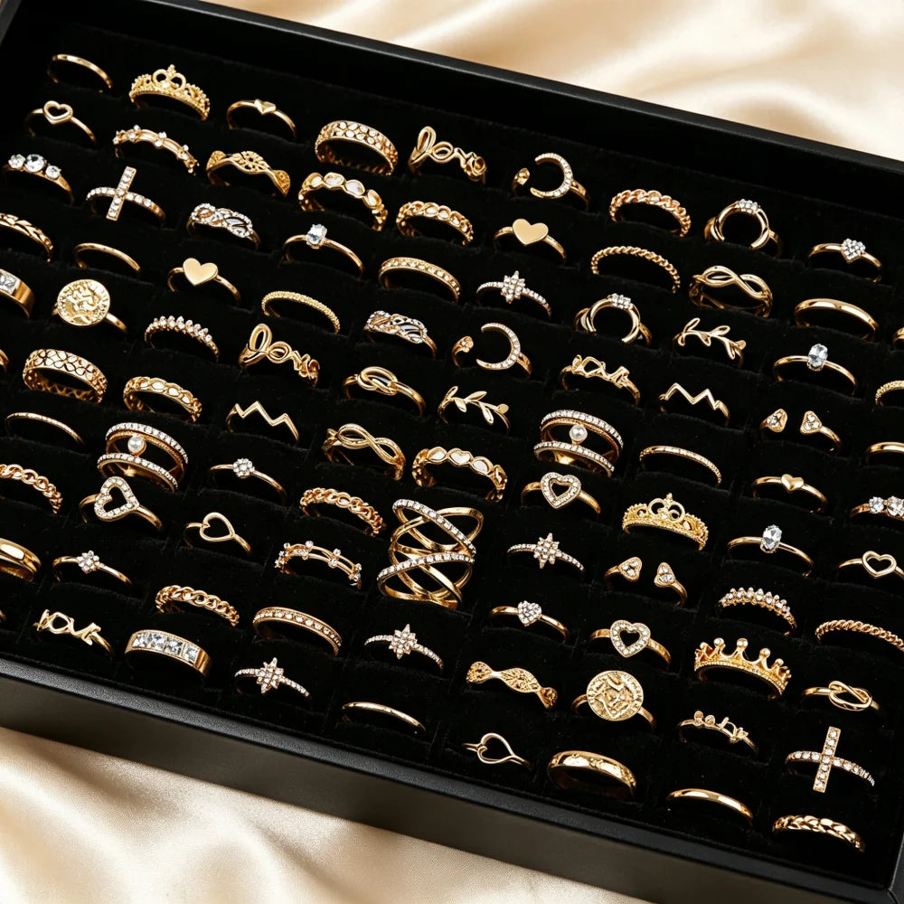20/30/50Pcs/Lot Elegant Bohemia Heart Moon Rings Set For Women Mix Style Fashion Jewelry For Birthday Daily Wear Wholesale