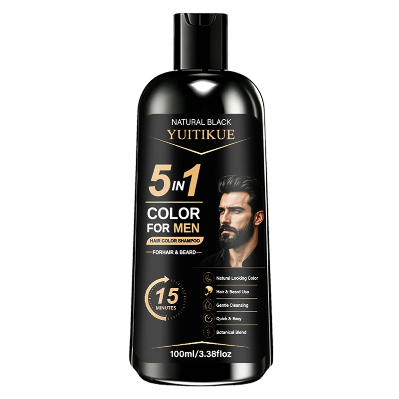 YUITIKUE 5 in 1 Mens Hair Color Shampoo Natural Black Ginseng Botanical Beard Gray Dye 100ml