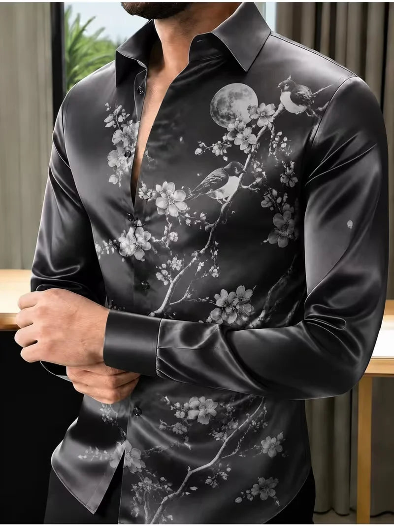 New purple and red gold flame printed shirt with trendy and cool personality, men's slim fit long sleeved shirt
