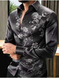 New purple and red gold flame printed shirt with trendy and cool personality, men's slim fit long sleeved shirt