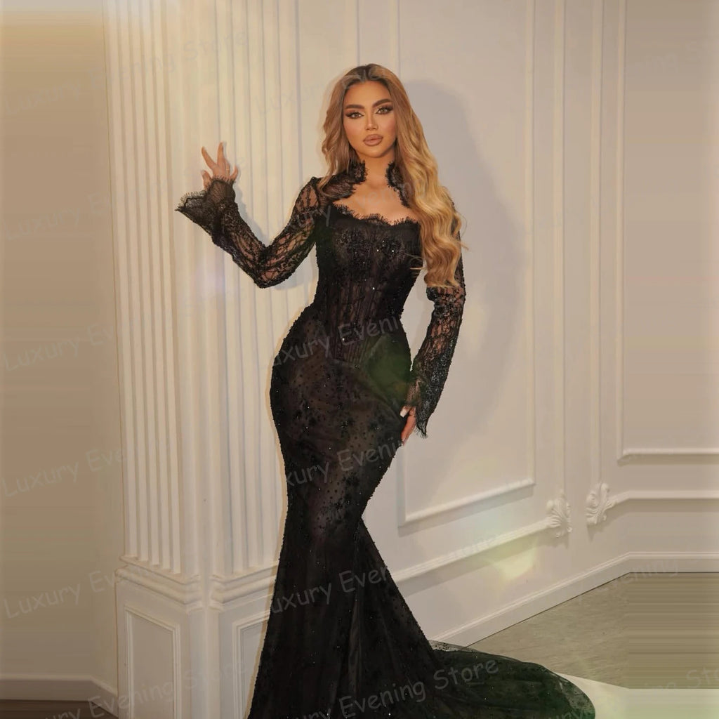 Simple Lace Evening Dresses Woman's Mermaid Appliques Long Sleeve Party Prom Gowns Formal Fashion Customized Vestidos De Novia