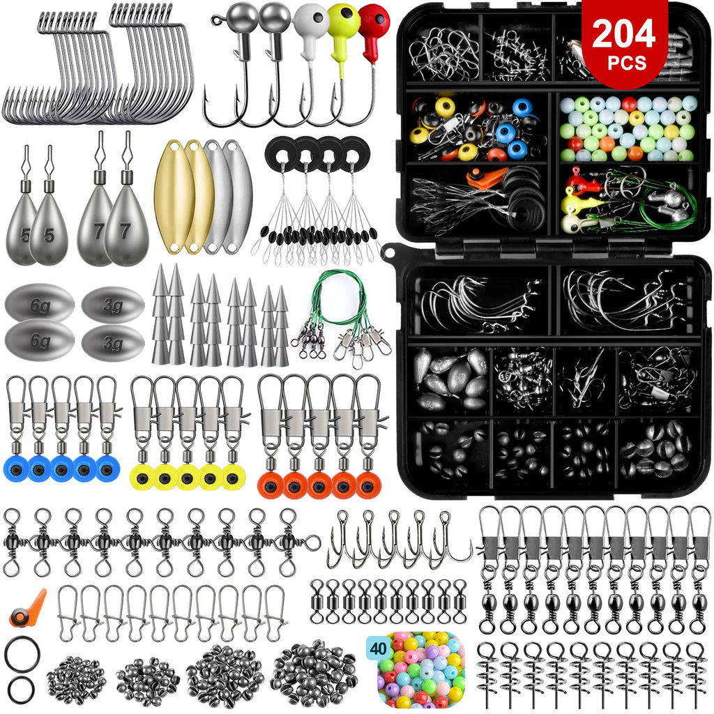 132/204/305/405Pcs Fishing Tackle Accessories Kit With Storage Box Assorted Fishing Hooks Sinkers Weights Swivels Beads Fishing