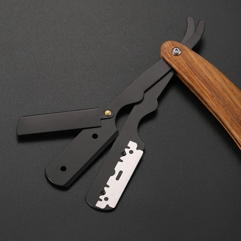 Wooden Trimmer Manual Shaver Professional Straight Edge Stainless Steel Sharp Barber Razor Folding Shaving Knife