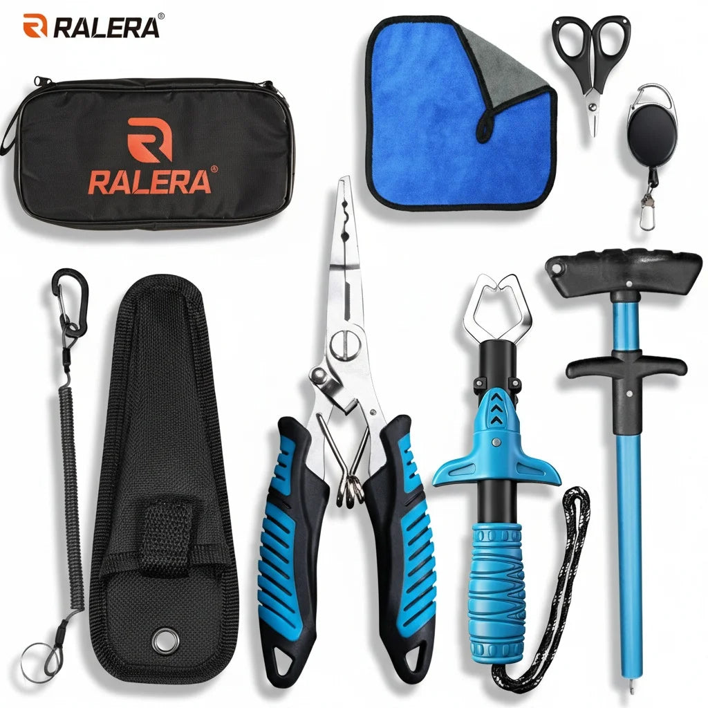 RALERA Complete Fishing Tool Set: Pliers, Fish Gripper, Hook Remover, Shears, Towel & Portable Carry Bag for All Anglers