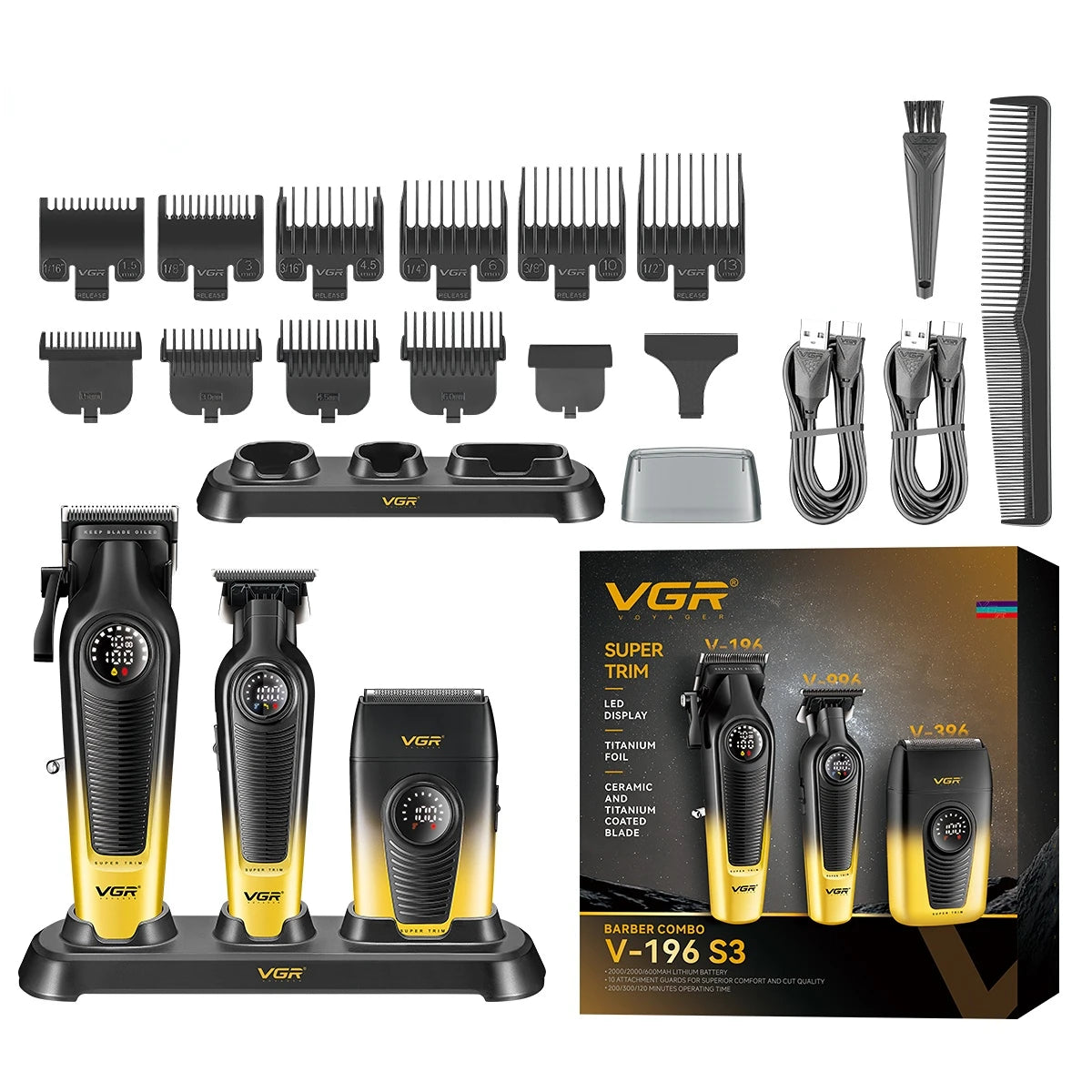 VGR Hair Trimmer Professional Clipper Cordless Barber Combo Electric Shaver Haircut Machine Cordless Trimmer for Men V-196 S3