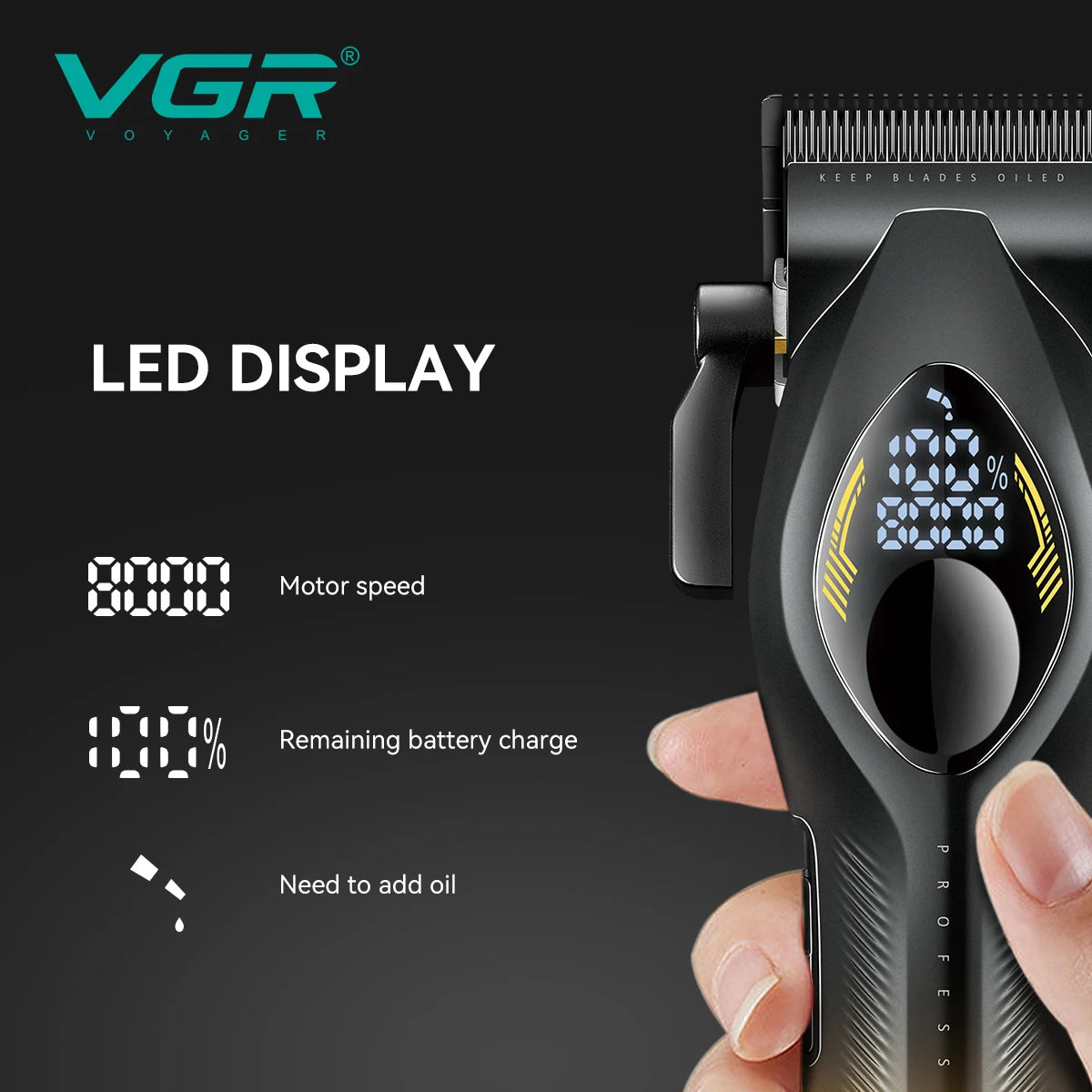 VGR Professional Hair Clippers Rechargeable LED Display Trimmer Hair Cutting DLC Blade 200Mins Work Clipper for man V-858C V-858
