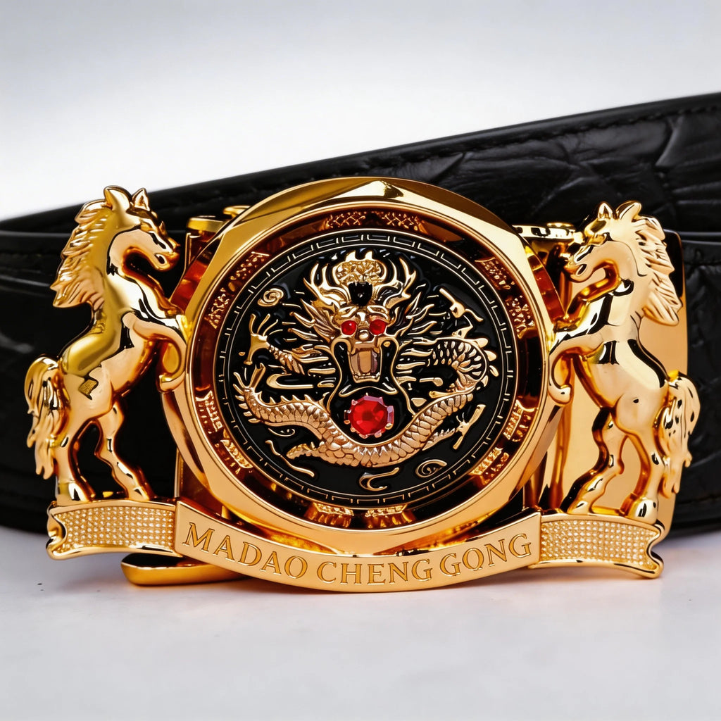 Luxury Dragon & Horse Automatic Buckle Belt - Gold Plated Crocodile Leather Waistband for Men