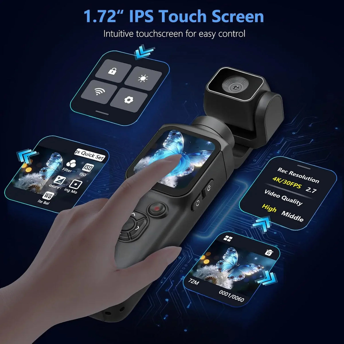 4K Action Camera Gimbal Stabilizer 330° Face Tracking 1.72-inch Touch Screen Wi-Fi Pocket Digital Camera for Vlogging/video