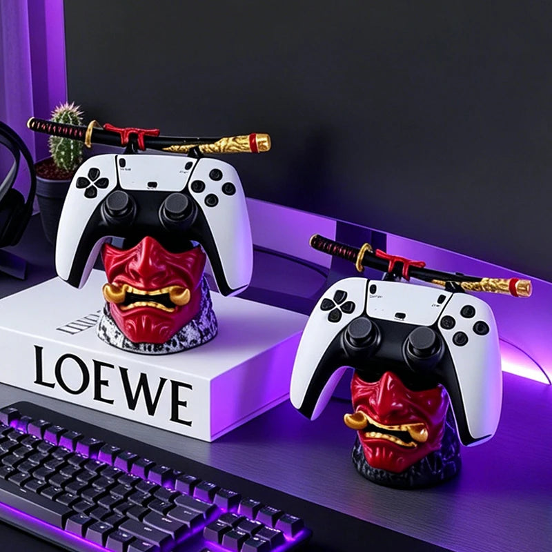 Cool Red Oni Mask Resin Game Controller Holder Samurai Sword Stand for PS5 Xbox Gaming Room Bedroom Desktop Tabletop Decoration