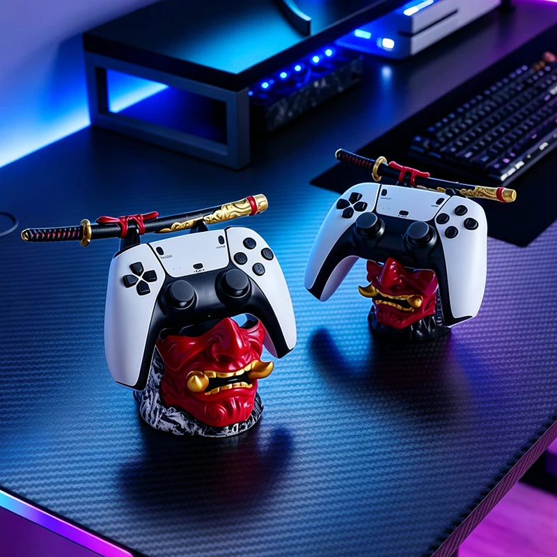Cool Red Oni Mask Resin Game Controller Holder Samurai Sword Stand for PS5 Xbox Gaming Room Bedroom Desktop Tabletop Decoration