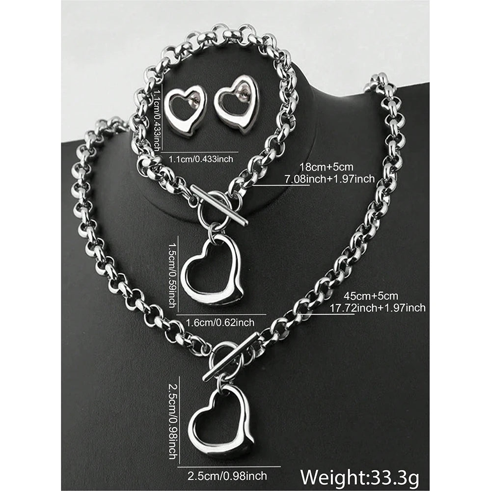 Aomogo Set INS Exquisite Love Fashion Stainless Steel Bracelet Earrings Necklace Pendant Set Women's Daily Goods Party Favors