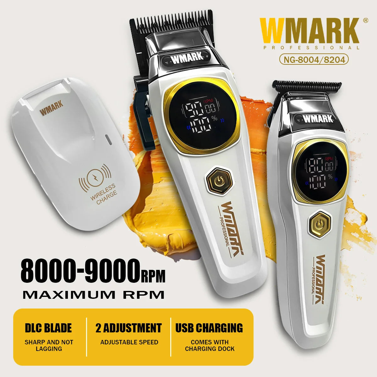 WMARK Clipper Professional Hair Clippers DLC BLDC 9000RPM Motor Hair Trimmer Wireless Charging Clipper for Men NG-8004 NG-8204
