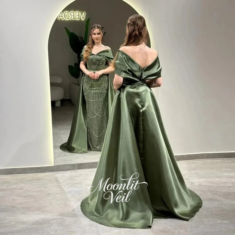 Moonlit Veil Customized Elegant Off Shoulder Evening Dress Beaded Floor Length Detachable robes de soirée Gala Prom Dress