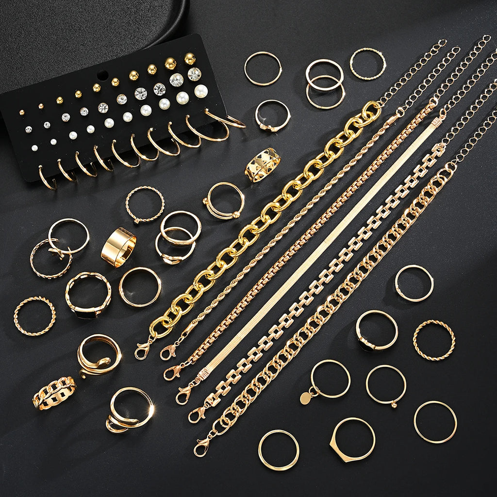 83pcs Retro Light Luxury Gold Color Jewelry Set for Women Rings Multi-Layered Necklaces Bangles Gifts (Jewelry Box Not Included)