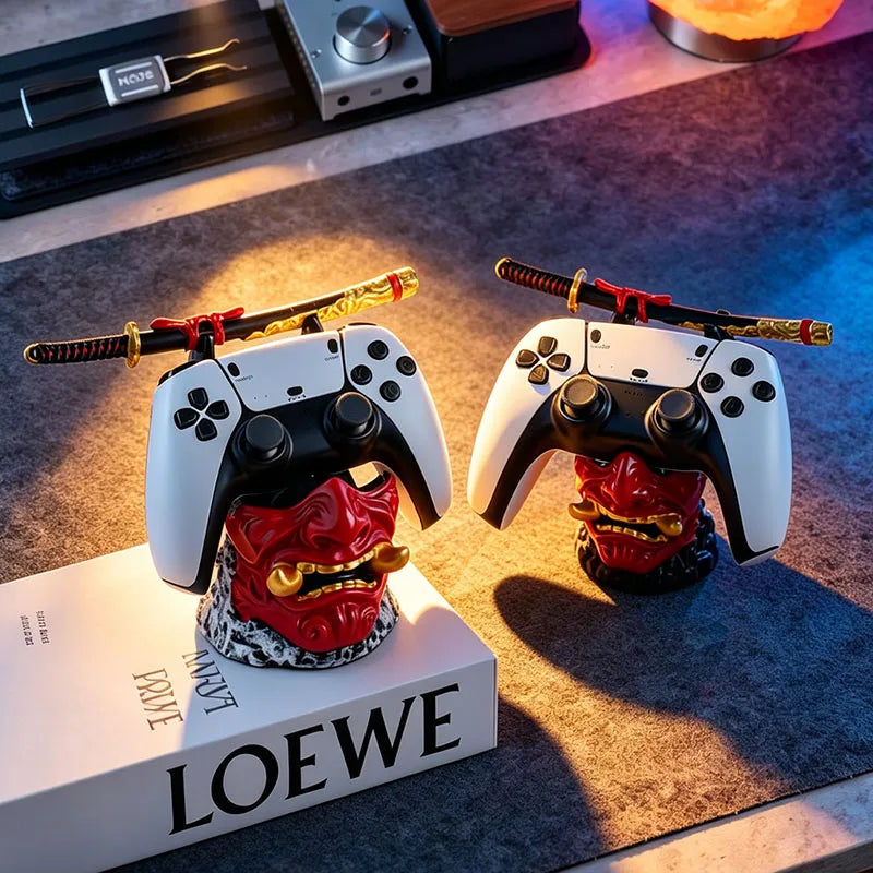 Cool Red Oni Mask Resin Game Controller Holder Samurai Sword Stand for PS5 Xbox Gaming Room Bedroom Desktop Tabletop Decoration