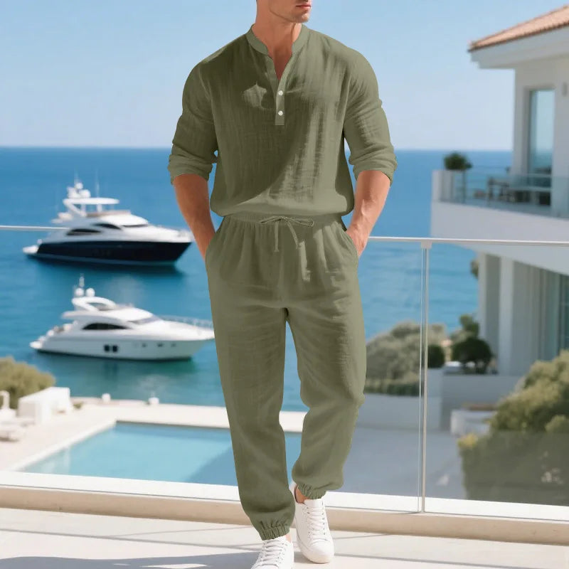 American loose linen set for men autumn Hawaiian home commuter thin Henry shirt long sleeve pants set