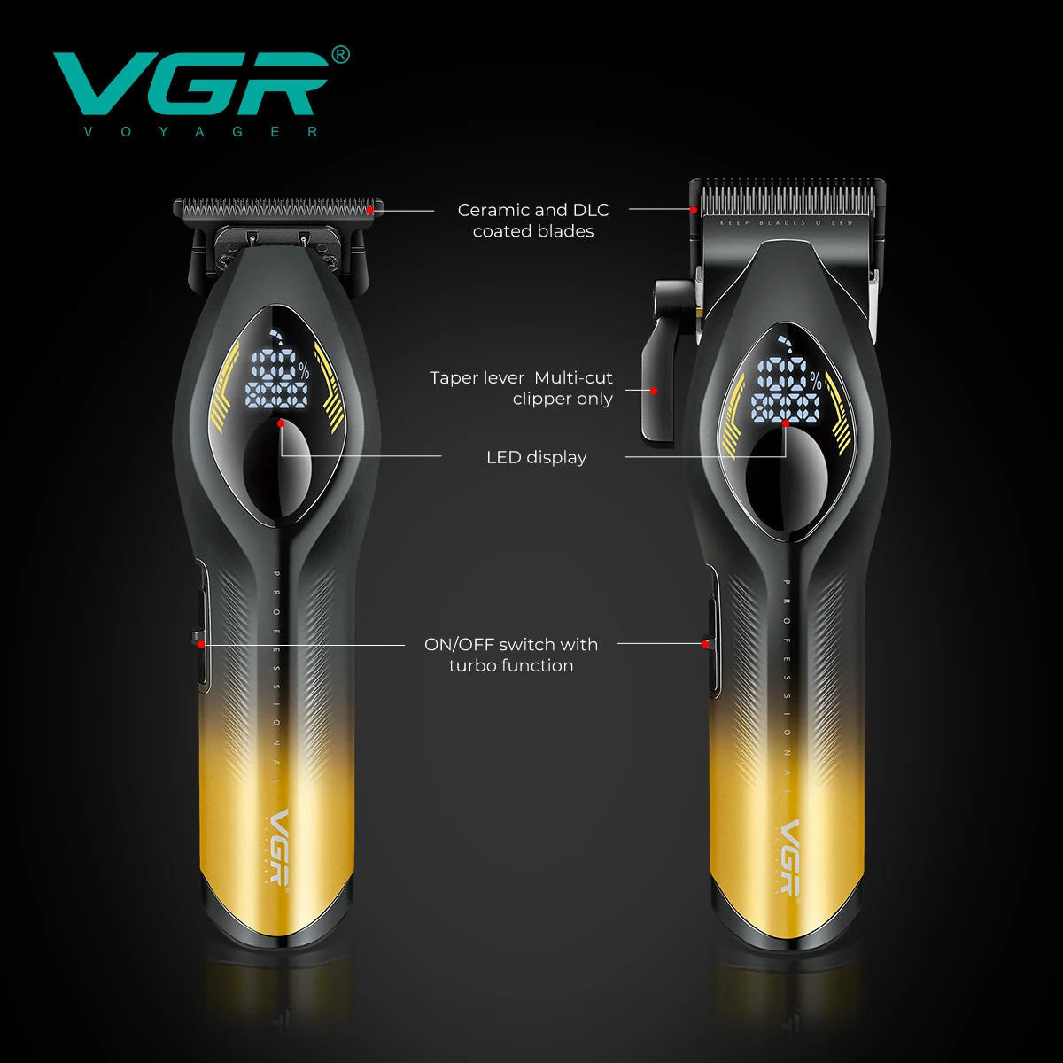 VGR Professional Hair Clippers Rechargeable LED Display Trimmer Hair Cutting DLC Blade 200Mins Work Clipper for man V-858C V-858