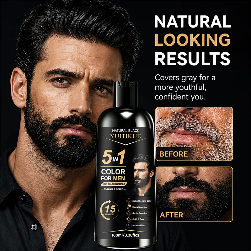 YUITIKUE 5 in 1 Mens Hair Color Shampoo Natural Black Ginseng Botanical Beard Gray Dye 100ml