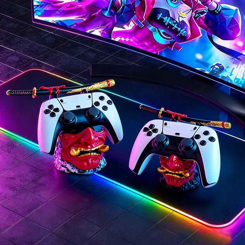 Cool Red Oni Mask Resin Game Controller Holder Samurai Sword Stand for PS5 Xbox Gaming Room Bedroom Desktop Tabletop Decoration