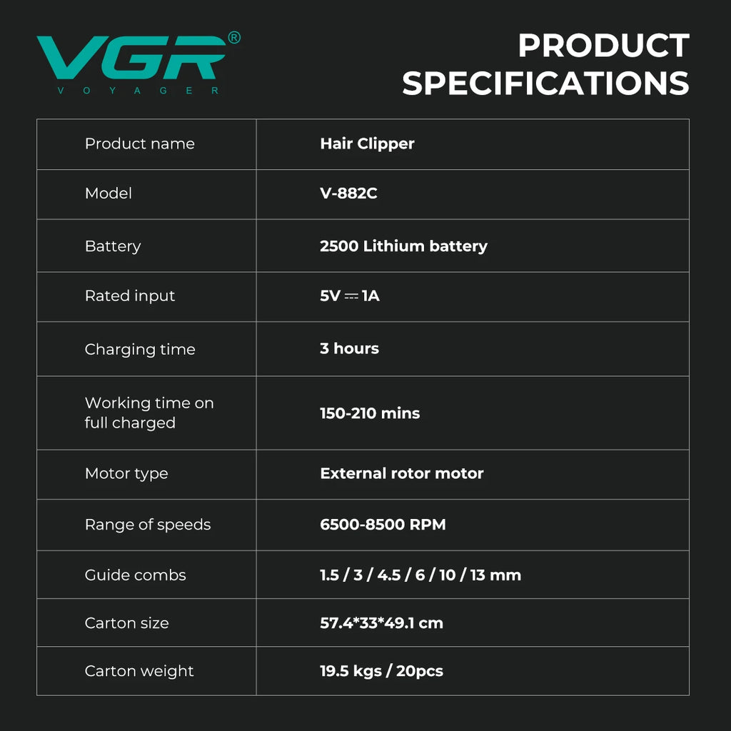 VGR Hair Trimmer Professional Barber Combo External Rotor Motor Hair Cut Machine Adjustable LED Display Trimmer for Men V-882 S2