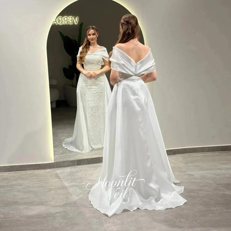 Moonlit Veil Customized Elegant Off Shoulder Evening Dress Beaded Floor Length Detachable robes de soirée Gala Prom Dress